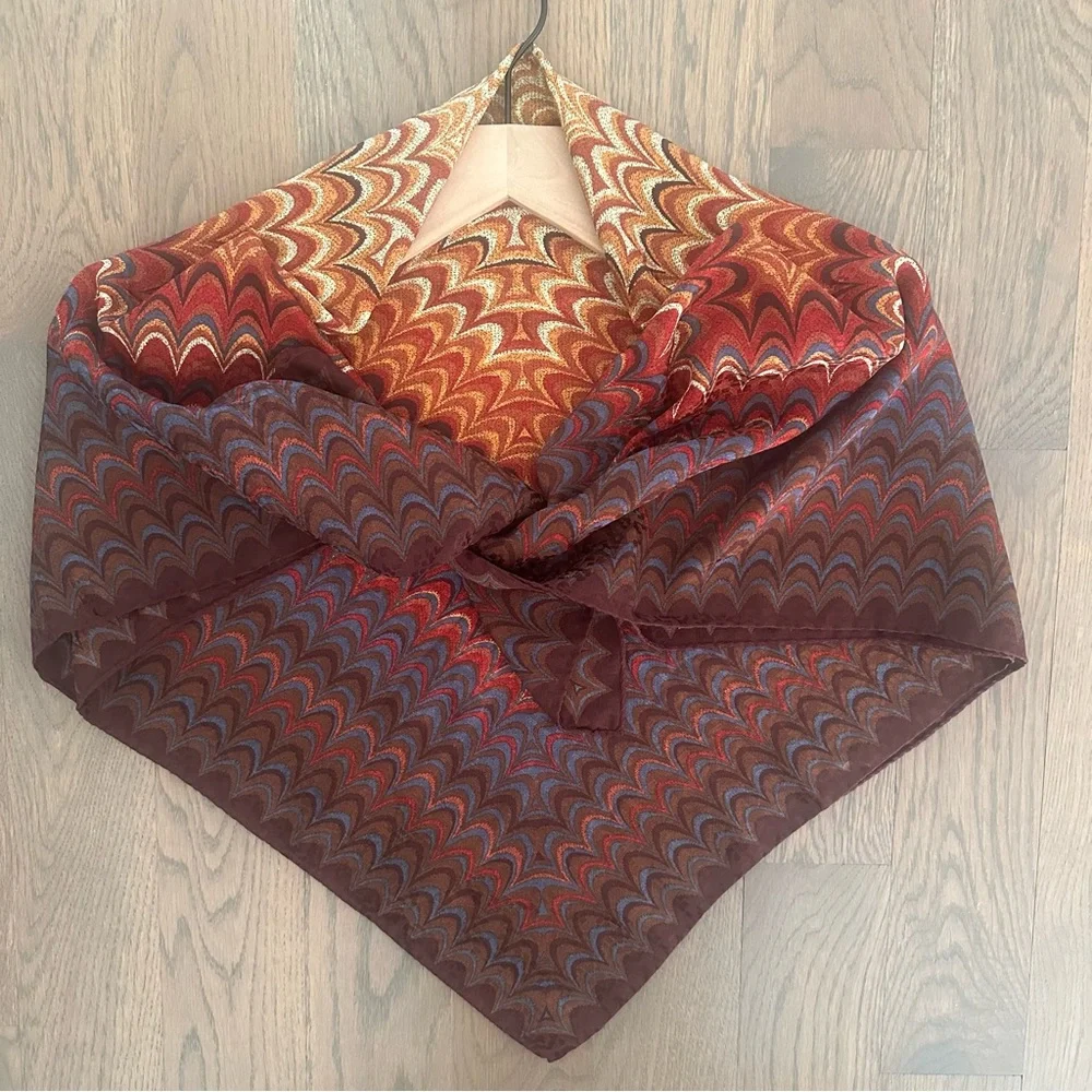 Vintage Missoni Marbled Silk Scarf in Red, Rust, Blue, Brown, Cream 33.5